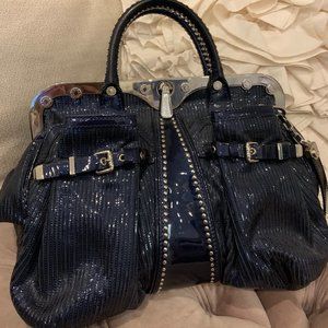 Versace Blue Striped Patent Leather Studded Frame Satchel (Rare)